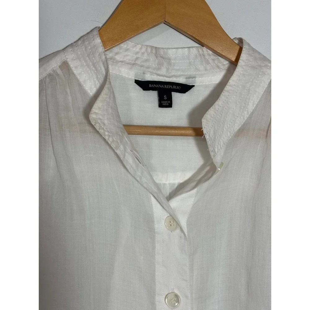 Banana Republic White Mandarin Collar Button Front Sheer Blouse Top Women's Sz S - Picture 2 of 9